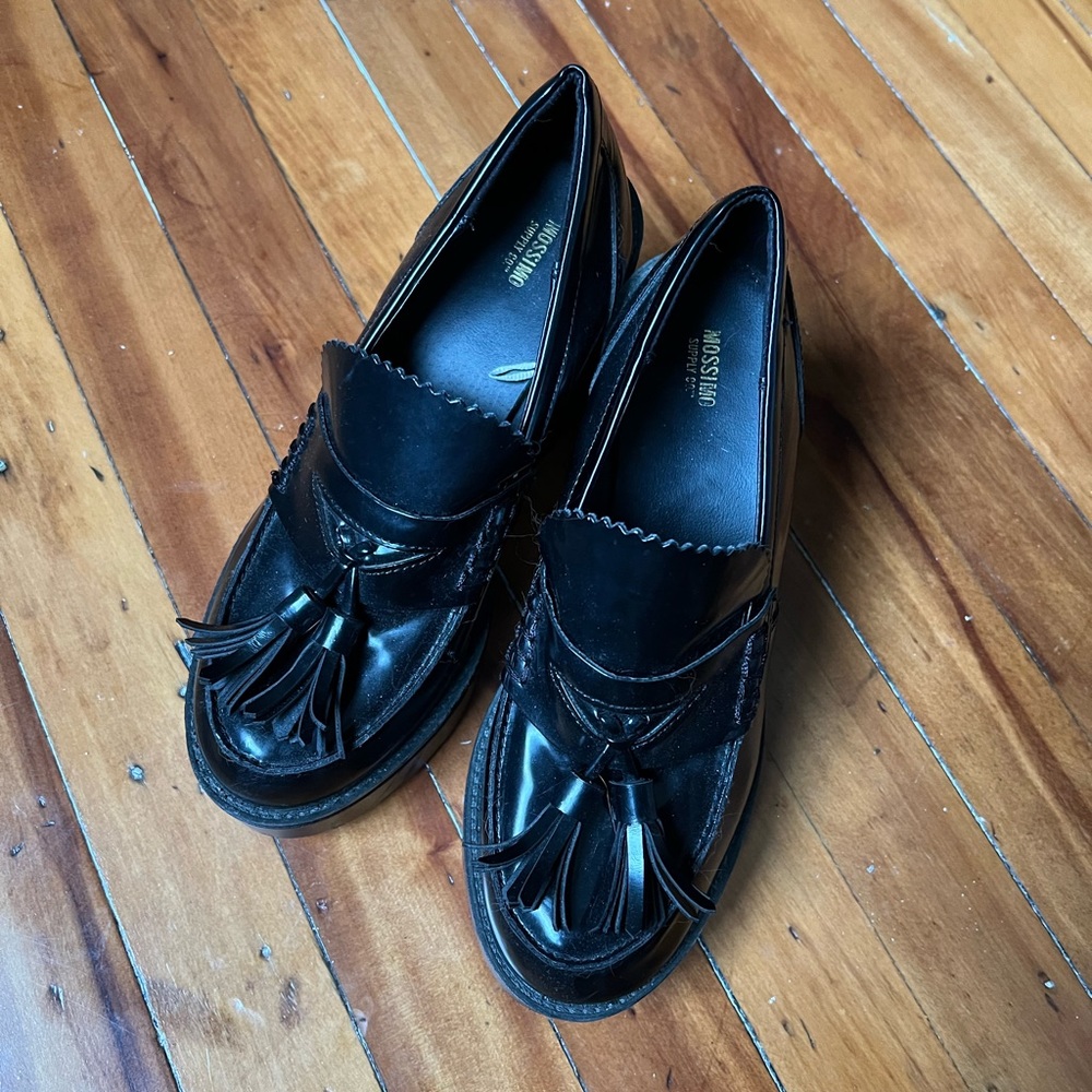 Black patent leather platform loafers